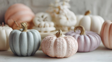 Colorful ceramic pumpkins pastel colors on a white shelf in the living room. Colorful pumpkins on a white wooden background, selective focusの素材