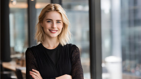 Portrait of a beautiful businesswoman standing with crossed arms in a modern office. Smiling, confident professionalの素材