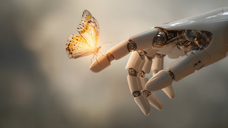 robot hand with butterfly on blue background, artificial intelligence concept. robot hand with butterfly on gray background, future technology conceptの素材