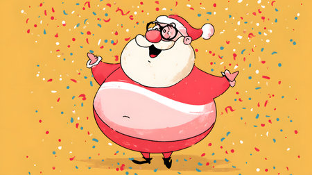 Santa Claus waving hands with confetti. Flat illustration in cartoon style on a yellow background. Funny Santa cheerful celebrationの素材