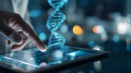 Close up of human hand touching tablet with DNA molecule structure on screen. DNA helix on tablet screen, biotechnology and biochemistry conceptの素材