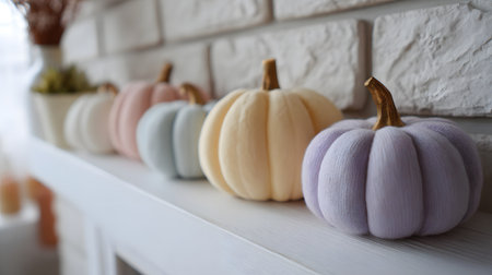 Colorful pumpkins on shelf in the kitchen, close-up. Halloween decor. Variety of colorful decorative pumpkinsの素材