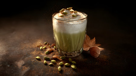 Coffee latte with pistachios on dark backgroundの素材