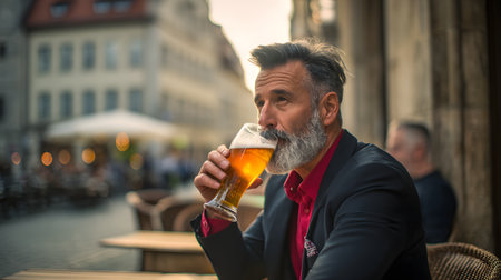 Handsome senior businessman drinking beer in a pub. Mature bearded man with a glass of beer. Oktoberfest conceptの素材