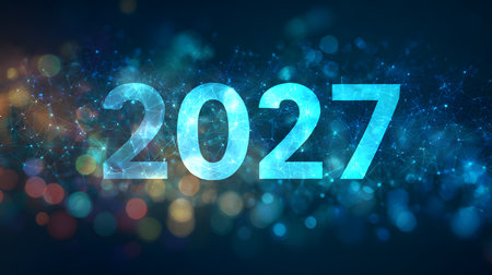Abstract blue background with numbers 2027. New year concept. New Year 2027 written with numbers on a blue bokeh backgroundの素材