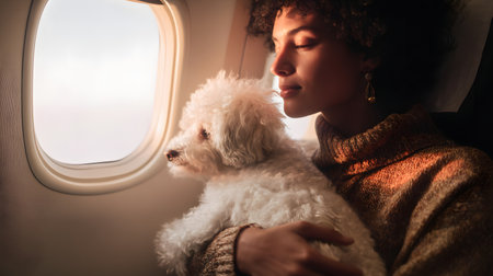 Beautiful woman with a dog in an airplane. Traveling with pet conceptの素材