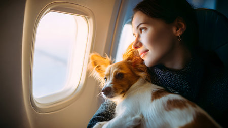 Beautiful woman with a dog in an airplane. Traveling with pet conceptの素材
