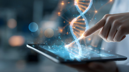 Close up of human hand touching tablet with DNA molecule structure on screen. DNA helix on tablet screen, biotechnology and biochemistry conceptの素材