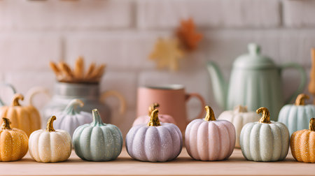Colorful pumpkins on shelf in the kitchen, close-up. Halloween decor. Variety of colorful decorative pumpkinsの素材