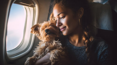 Portrait of a beautiful mixed race woman with a dog on the plane. Traveling with a pet conceptの素材