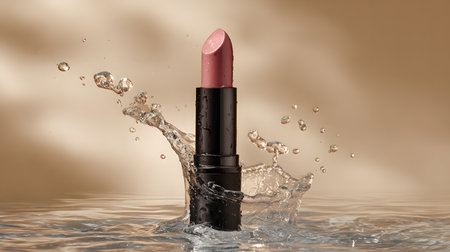 Lipstick in water with splashes on a beige backgroundの素材