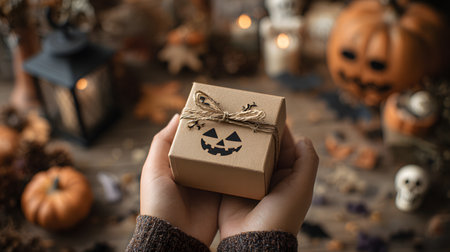 Halloween gift hands. Halloween gift box in woman hands on bokeh background. Halloween holiday concept. Close up of female hands holding craft gift box with scary carved halloween pumpkin face on dark backgroundの素材