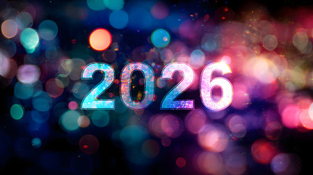 Happy New Year 2026 text on a bokeh background. Greeting cardsの素材