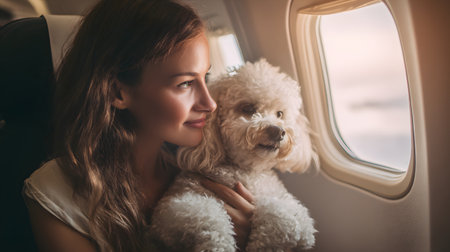 Beautiful woman with a dog in an airplane. Traveling with pet conceptの素材