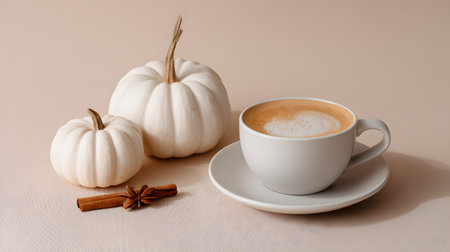 Cappuccino with pumpkin on a beige background. Copyspaceの素材