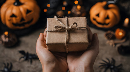 Halloween gift hands. Halloween gift box in woman hands on bokeh background. Halloween holiday concept. Close up of female hands holding craft gift box with scary carved halloween pumpkin face on dark backgroundの素材