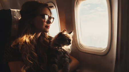 A young woman sitting in airplane with cat looking through window. Travel conceptの素材