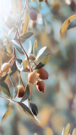 Olive tree branch with ripe olives. Selective focusの素材