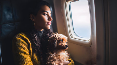 Beautiful woman in a yellow sweater sitting on the plane with her lap dogの素材