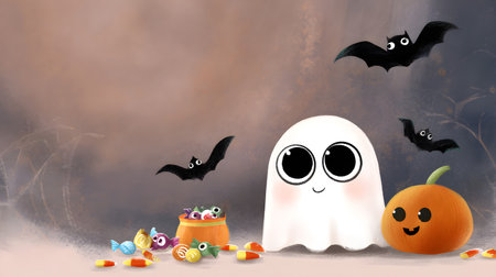 Illustration of a Halloween theme with ghosts, candies, and bats. Cute cartoon ghost and candies. Kid-friendly ghost characterの素材