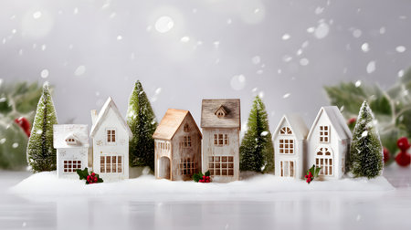 Christmas background with houses, trees, and snowflakes. Christmas miniature village with houses and trees in the snowの素材