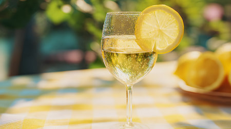 Glass of sparkling water with lemon slices on table outdoors, closeupの素材