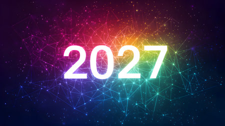 Happy New Year background with numbers 2027 and colorful lights. Happy New Year 2027. Abstract polygonal backgroundの素材