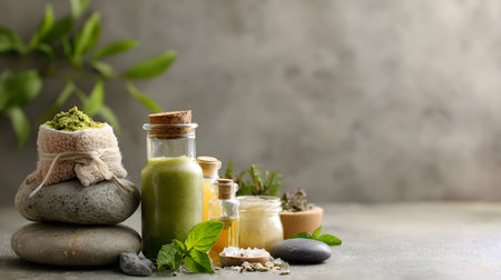 Spa still life with sea salt, aroma oil and fresh mintの素材