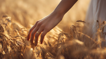 Close-up of a woman's hand touching a golden wheat field. Female hand touching wheat spikelets on a background of golden wheat fieldの素材
