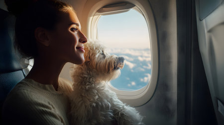 Beautiful woman with a dog in an airplane. Traveling with pet conceptの素材