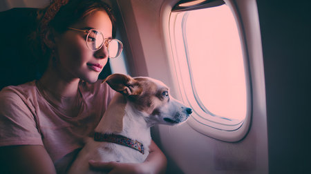 Beautiful woman with a dog in an airplane. Traveling with pet conceptの素材