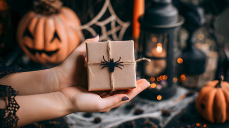 Halloween gift hands. Halloween gift box in woman hands on bokeh background. Halloween holiday concept. Close up of female hands holding craft gift box with scary carved halloween pumpkin face on dark backgroundの素材