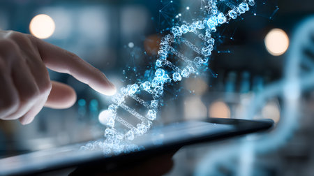Close up of human hand touching tablet with DNA molecule structure on screen. DNA helix on tablet screen, biotechnology and biochemistry conceptの素材