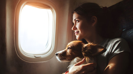 Beautiful woman with a dog in an airplane. Traveling with pet conceptの素材