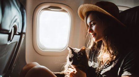 A young woman sitting in airplane with cat looking through window. Travel conceptの素材