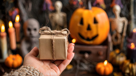 Halloween gift hands. Halloween gift box in woman hands on bokeh background. Halloween holiday concept. Close up of female hands holding craft gift box with scary carved halloween pumpkin face on dark backgroundの素材