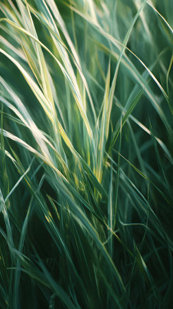 Close-up of green grass. Nature background. Shallow depth of field, selective focusの素材
