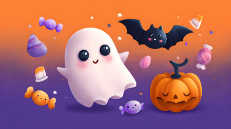 Illustration of a Halloween theme with ghosts, candies, and bats. Cute cartoon ghost and candies. Kid-friendly ghost characterの素材