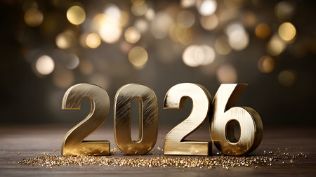 Happy New Year 2026. Golden numbers on a black bokeh backgroundの素材