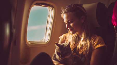 A young woman sitting in airplane with cat looking through window. Travel conceptの素材