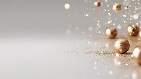 Golden Christmas balls with glitter on a gray background, copy space. abstract light Christmas background with golden sparklesの素材