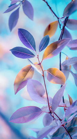 Close-up of a branch with pink and purple leaves against a blue sky. Abstract nature backgroundの素材