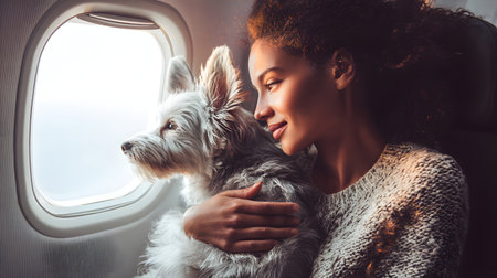 Portrait of a beautiful mixed race woman with a dog on the plane. Traveling with pet conceptの素材