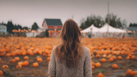 Pumpkin field woman. Beautiful young woman in a sweater posing among pumpkins on a pumpkin patchの素材