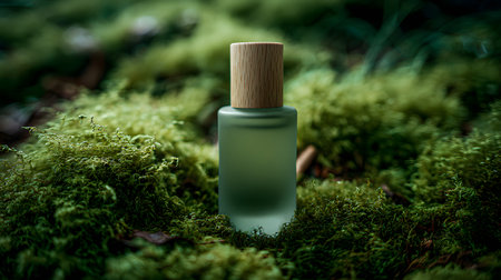 Cosmetic glass bottle on green moss background. Skin care conceptの素材