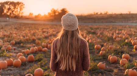 Portrait of a beautiful young woman on a pumpkin patch in autumnの素材