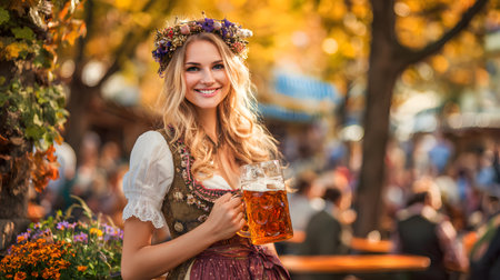 Beautiful young woman in a dirndl drinking beer at Oktoberfest. Selective focus on the girlの素材