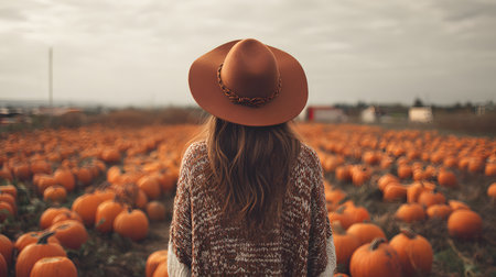 Pumpkin field woman. Beautiful young woman in a sweater posing among pumpkins on a pumpkin patch.の素材
