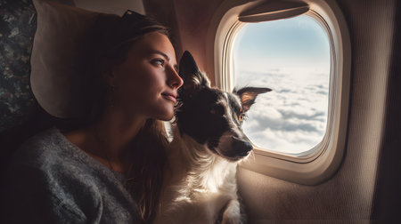 Beautiful woman with a dog in an airplane. Traveling with pet conceptの素材