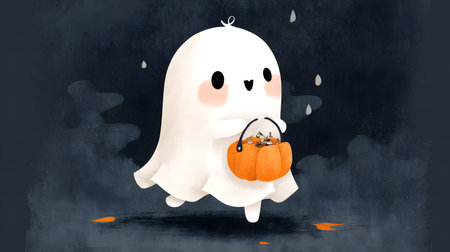 Illustration of a Halloween theme with ghosts, candies, and bats. Cute cartoon ghost and candies. Kid-friendly ghost characterの素材